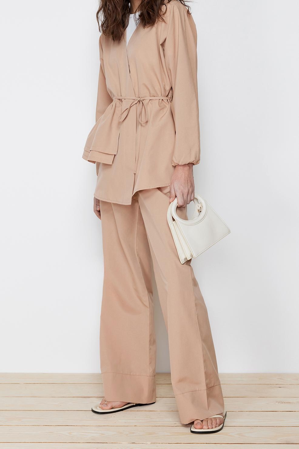 Tarz Kadın Modern Moda Normal Bel Boru Paça V Yaka Pamuklu Dokuma Kimono Pantolon Alt Üst Takım