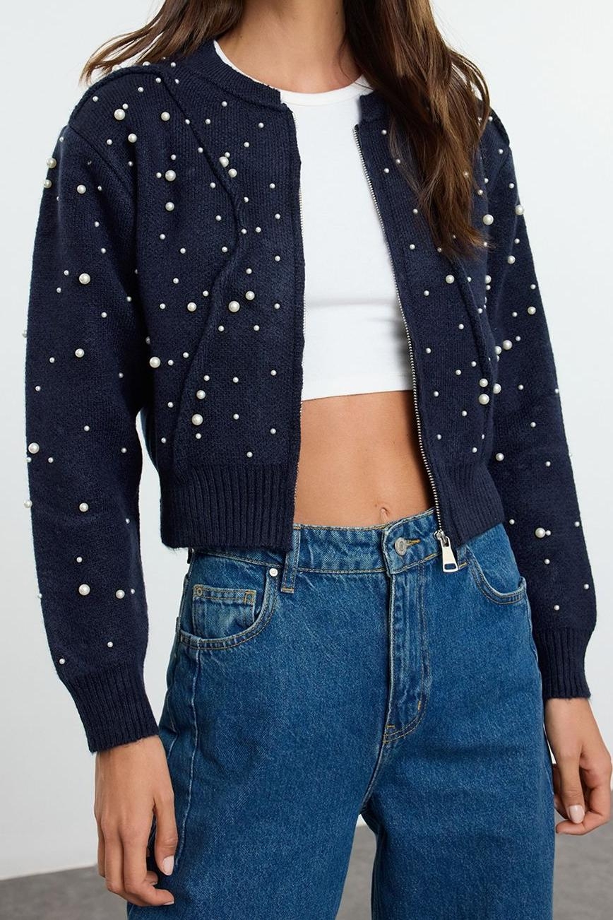 Stil Kadın Regular Standart Kol Bomber Yaka Yumuşak Fermuarlı Taşlı Mont Görünümlü Triko Hırka