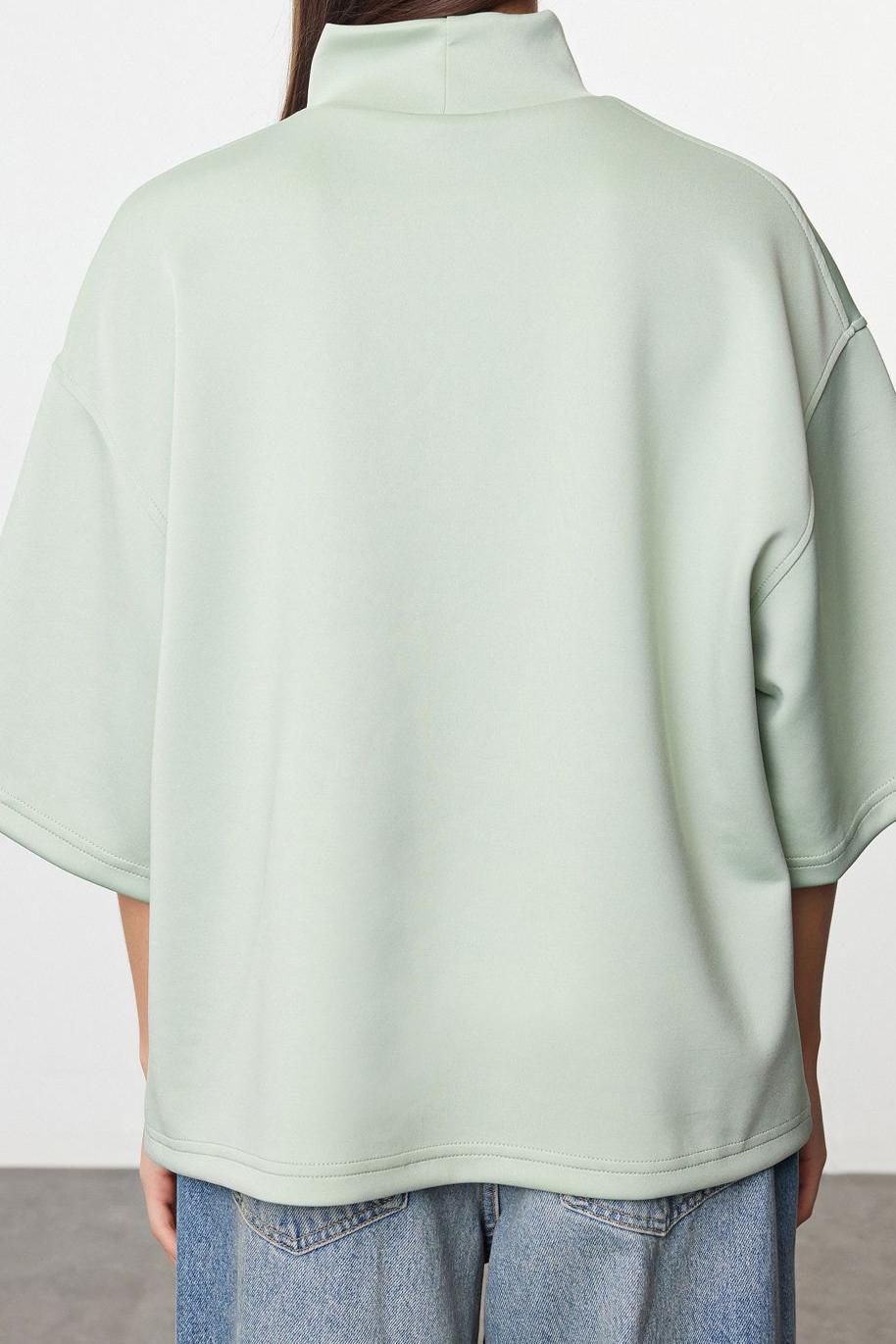 Tarz Oversize Dik Yaka Düşük Kol Uzun Geniş Kalıp Truvakar Kol Örme Sweatshirt