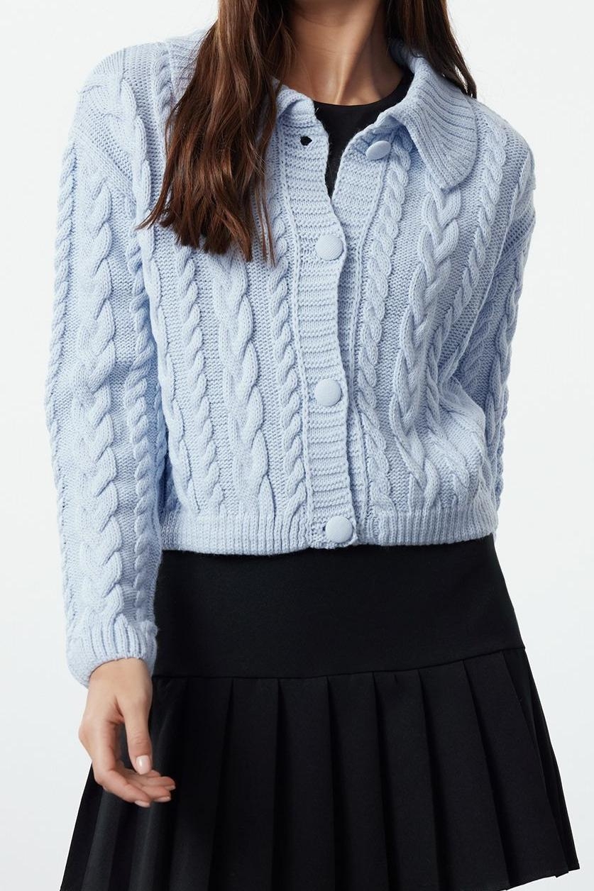 Kadın Modern Tarz Regular Polo Yaka Crop Triko Hırka