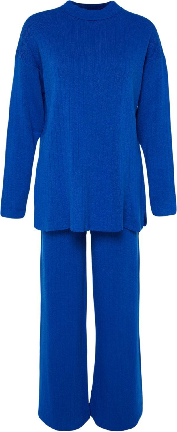 Tarz Kadın Modern Moda Yüksek Bel Geniş Paça Dik Yaka Geniş Kalıp Basic Triko Alt-Üst Takım