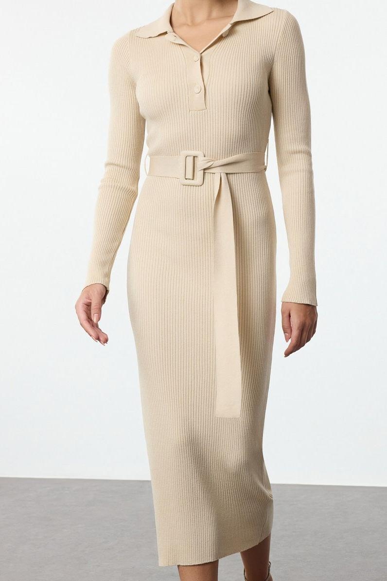 Moda Stil Regular Polo Yaka Midi Boy Kuşaklı Triko Elbise