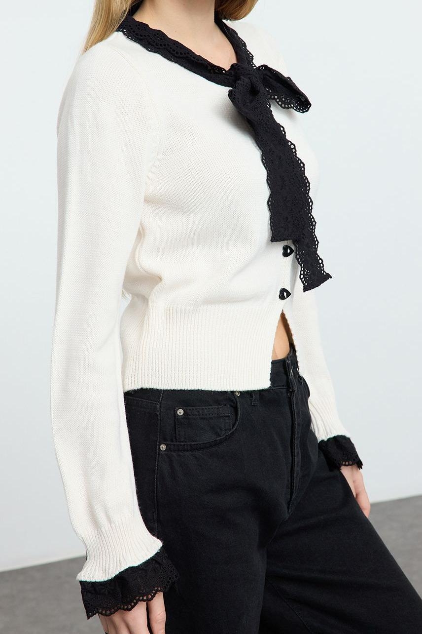 Kadın Modern Tarz Slim Bisiklet Yaka Crop Triko Hırka