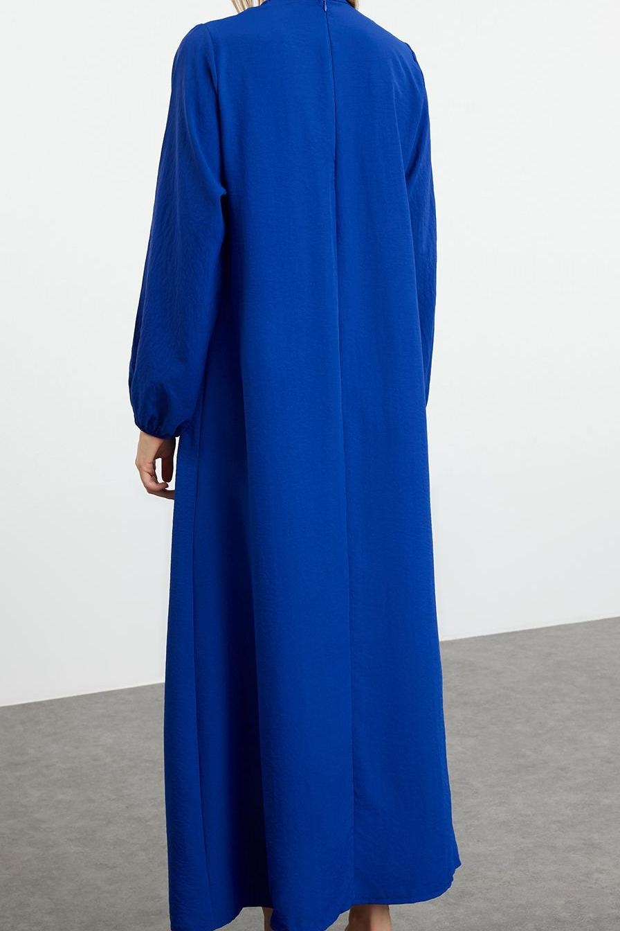Moda Stil Relaxed Bisiklet Yaka Maxi Boy Tesettür Rahat Kesim Balon Kollu Aerobin Dokuma Elbise