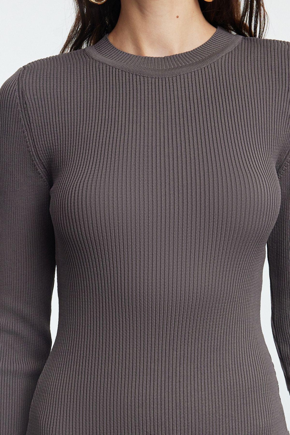 Moda Slim Gündüz Gece Tek Plaka Triko Bisiklet Yaka Uzun Kol Bodycone Mini Boy Elbise