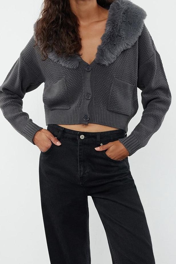 Kadın Modern Tarz Regular V Yaka Crop Triko Hırka