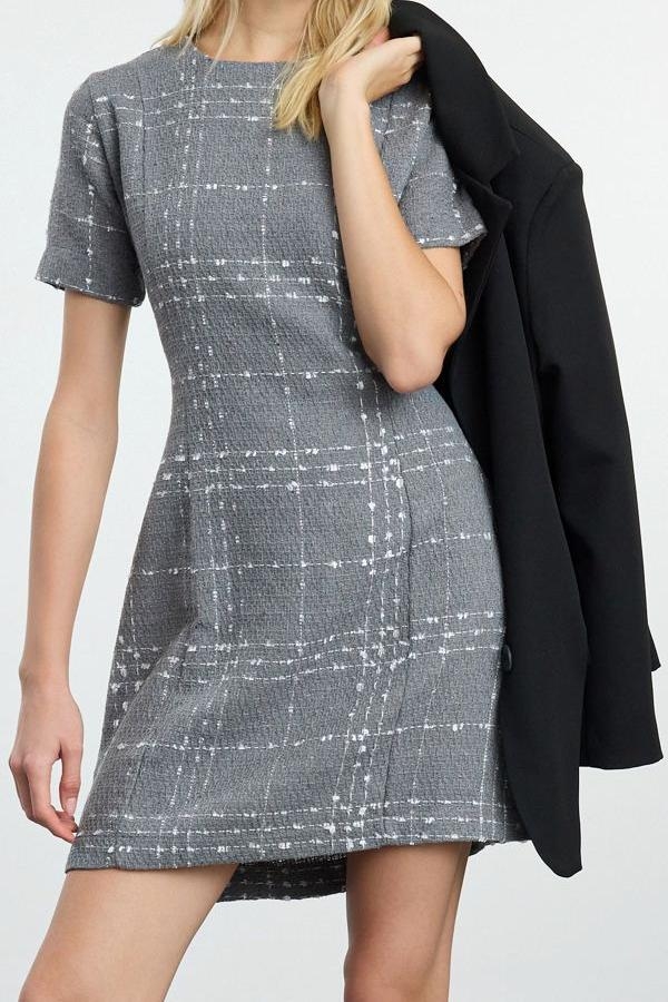 Moda Stil Regular Bisiklet Yaka Mini Boy Düz Kesim Tüvit Dokuma Elbise