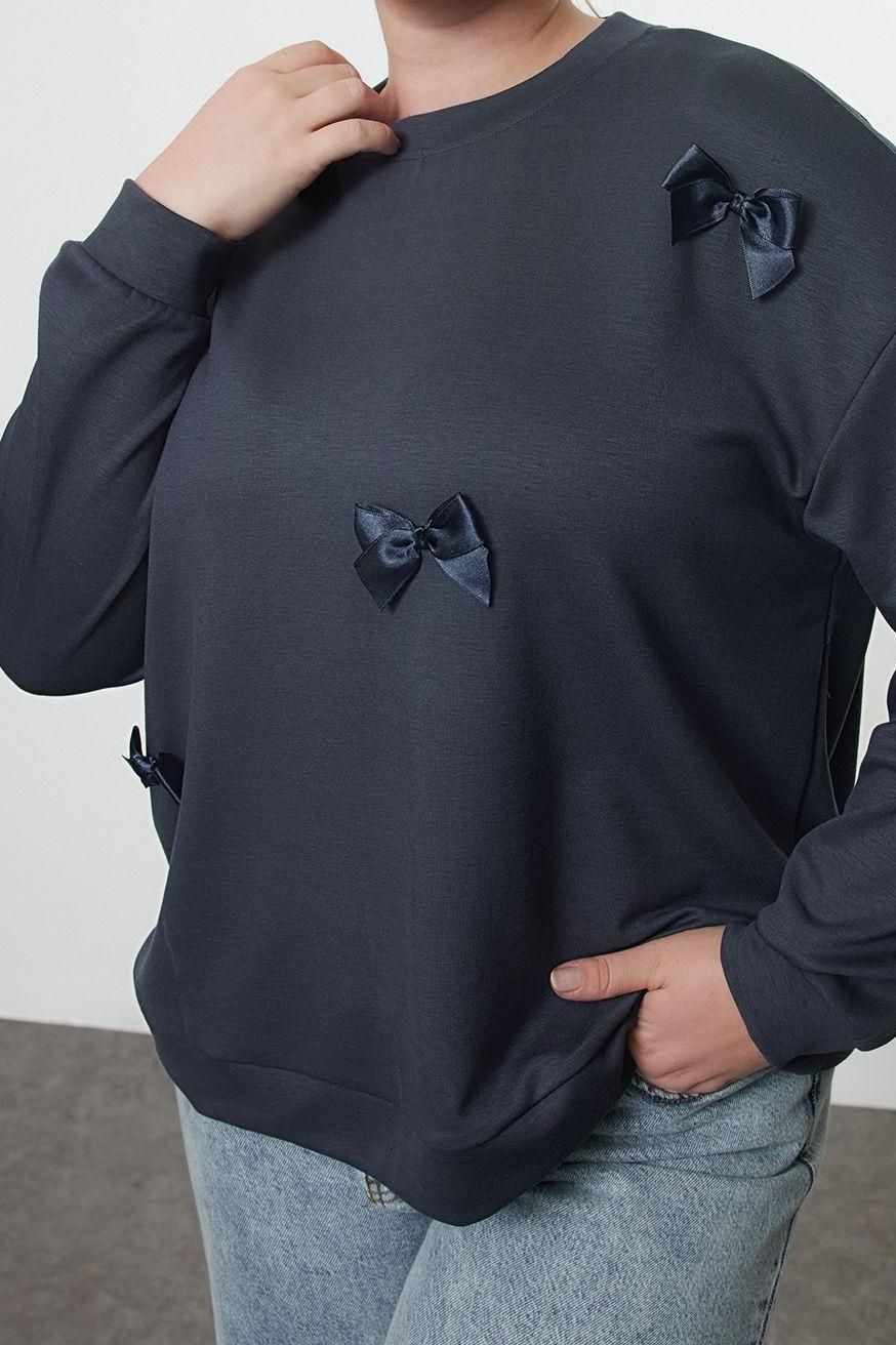 Büyük Beden Oversize Bisiklet Yaka Standart Kol Gri Kurdele Detaylı Tarzl Örme Sweatshirt