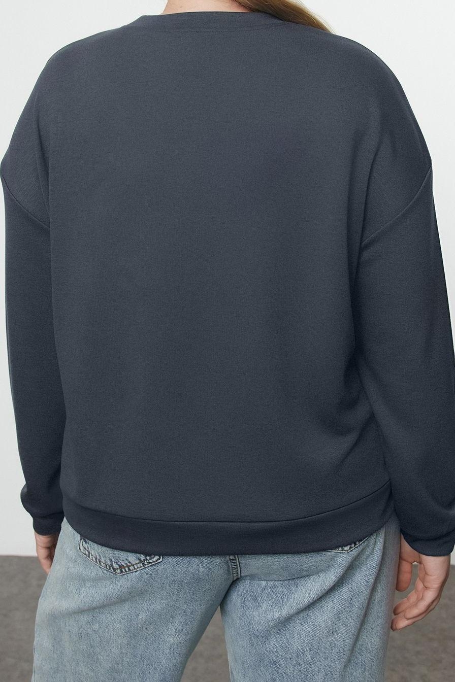 Büyük Beden Oversize Bisiklet Yaka Standart Kol Gri Kurdele Detaylı Tarzl Örme Sweatshirt