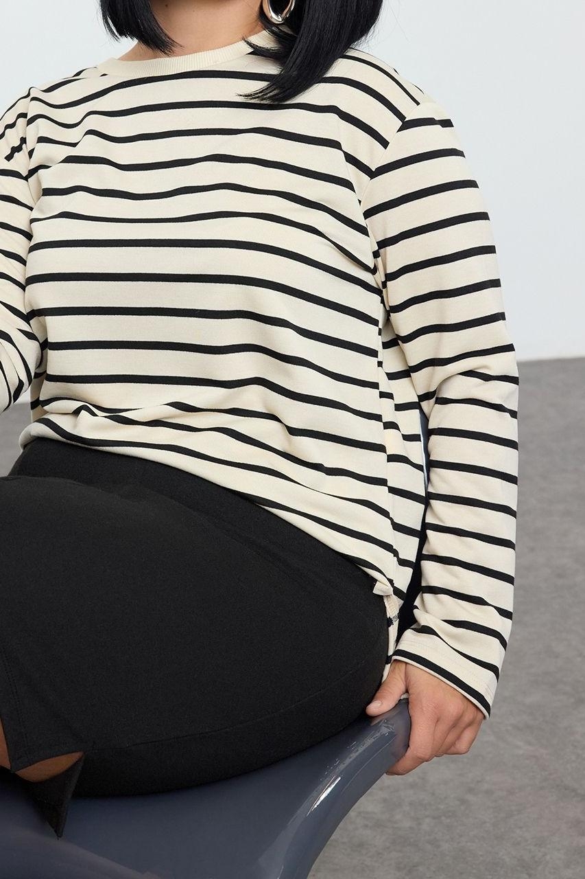 Büyük Beden Bisiklet Yaka Standart Kol Mavi Çizgili Normal Kalıp Örme Sweatshirt