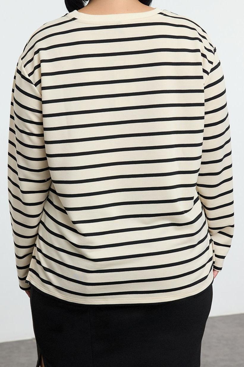 Büyük Beden Bisiklet Yaka Standart Kol Mavi Çizgili Normal Kalıp Örme Sweatshirt