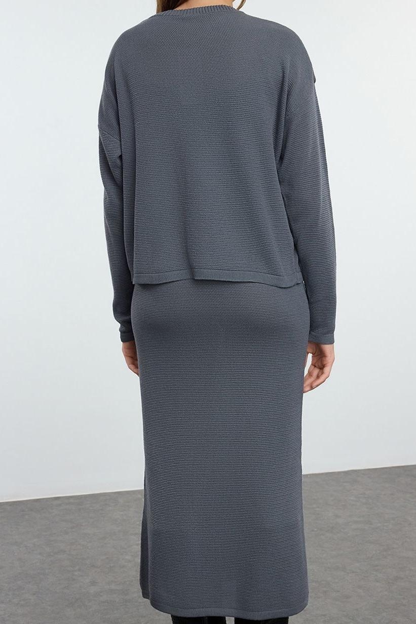 Moda Stil Slim V Yaka Midi Boy Premium İplik Özel İplik Triko Hırka- Elbise Takım