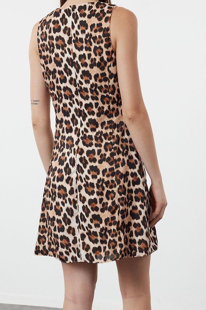 Moda Stil Regular Bisiklet Yaka Mini Boy Leopar Desenli Düz Kesim Saten Dokuma Elbise