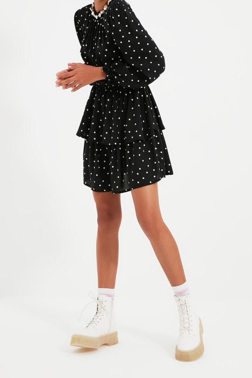 Moda Regular Casual Günlük Shally Dokuma Bisiklet Yaka Uzun Kol Skater Mini Boy Elbise