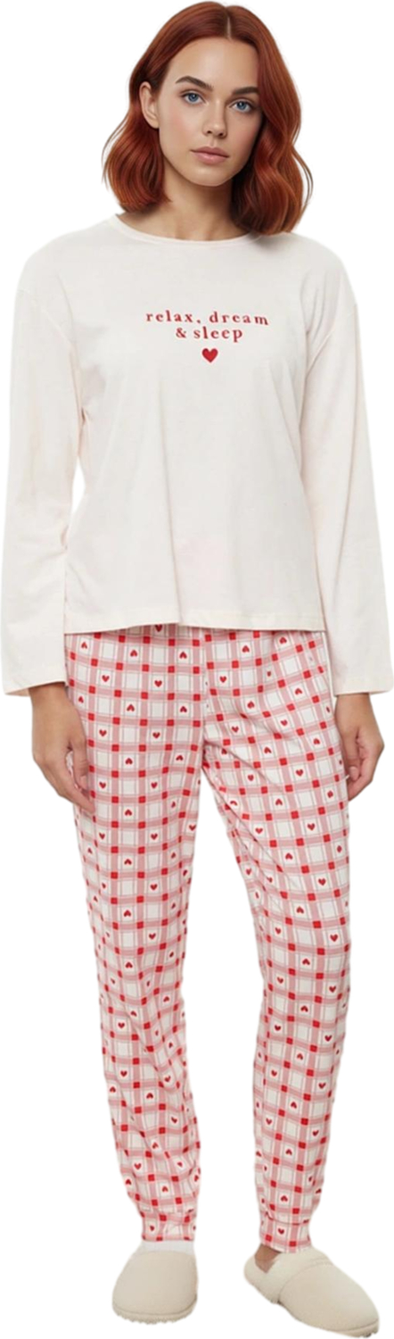 Kadın Pudra Kalp Nakışlı Ekose Pijama Takımı Fonksiyonel Dayanıklı Kaliteli Konforlu Rahat