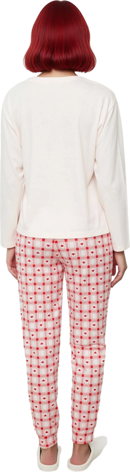 Kadın Pudra Kalp Nakışlı Ekose Pijama Takımı Fonksiyonel Dayanıklı Kaliteli Konforlu Rahat