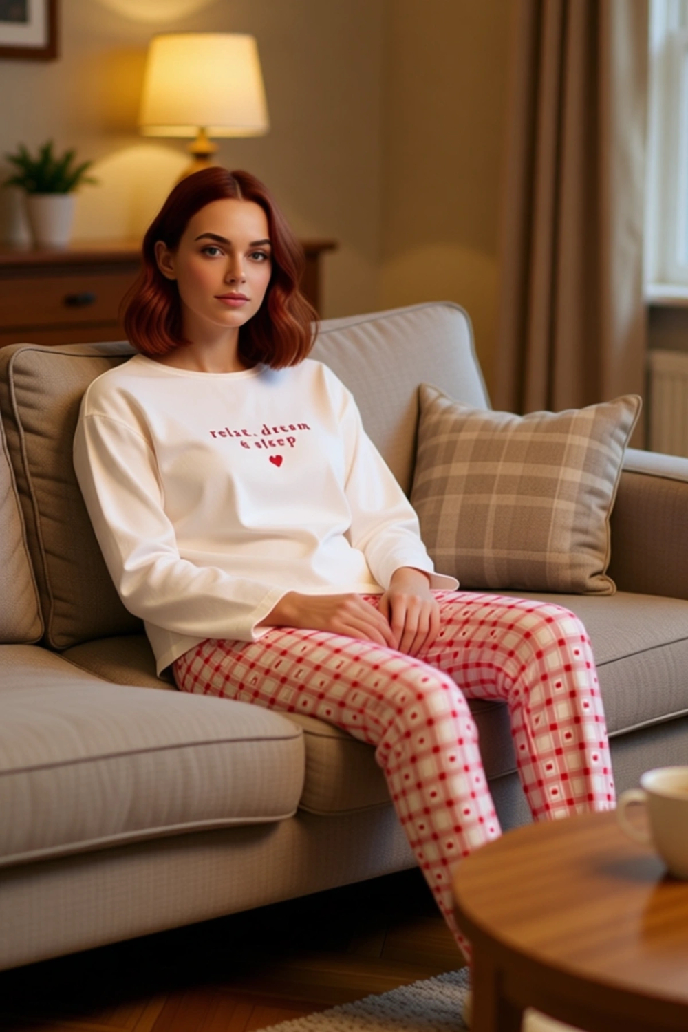 Kadın Pudra Kalp Nakışlı Ekose Pijama Takımı Fonksiyonel Dayanıklı Kaliteli Konforlu Rahat