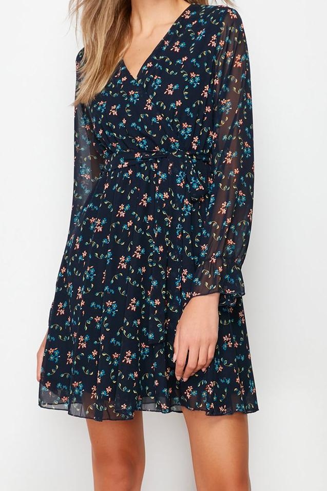Moda Stil Regular Kruvaze Mini Boy Çiçek Desenli Kuşaklı Astarlı Şifon Dokuma Elbise