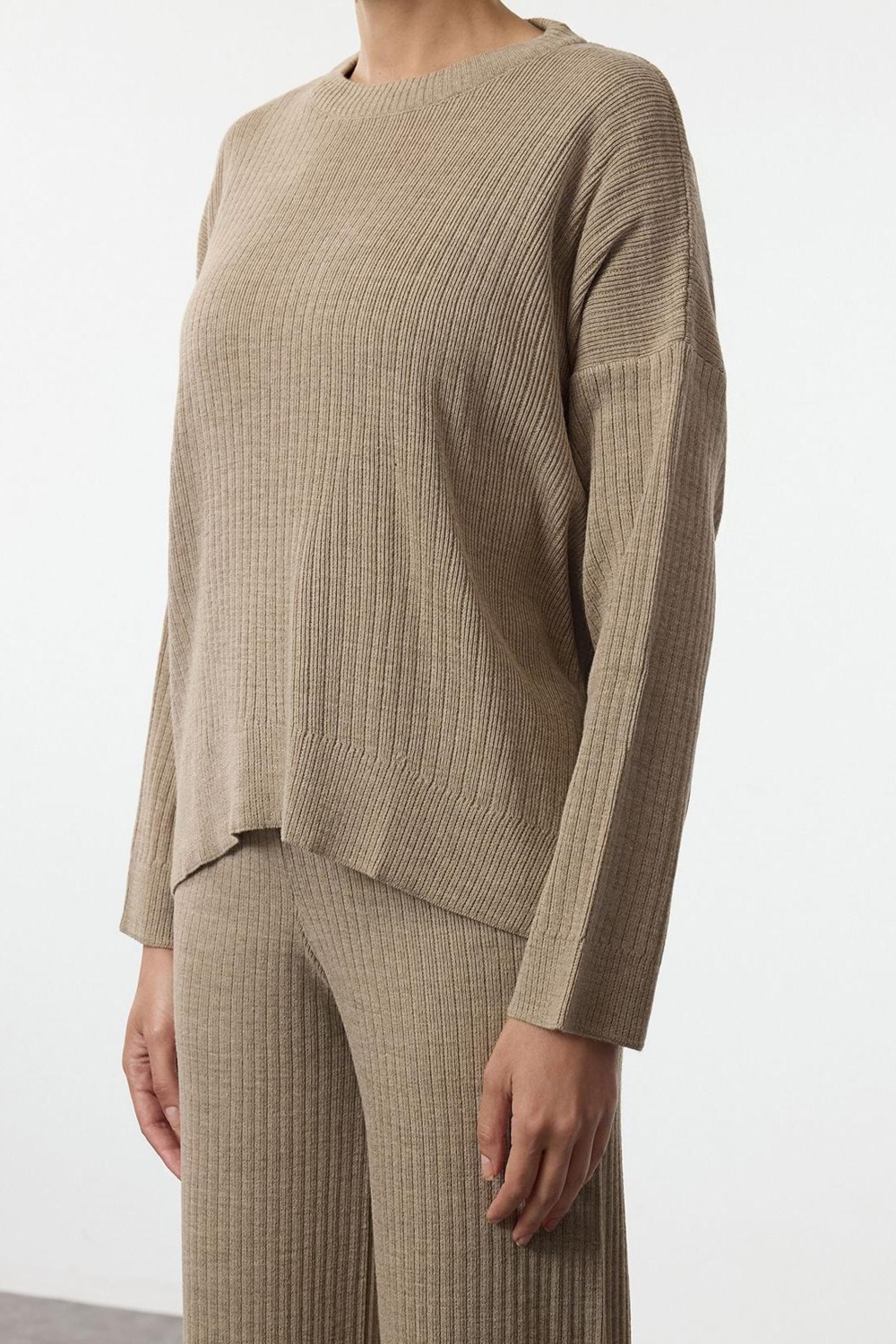 Tarz Kadın Modern Moda Normal Bel Boru Paça Bisiklet Yaka Basic Bisiklet Yaka Triko Alt-Üst Takım