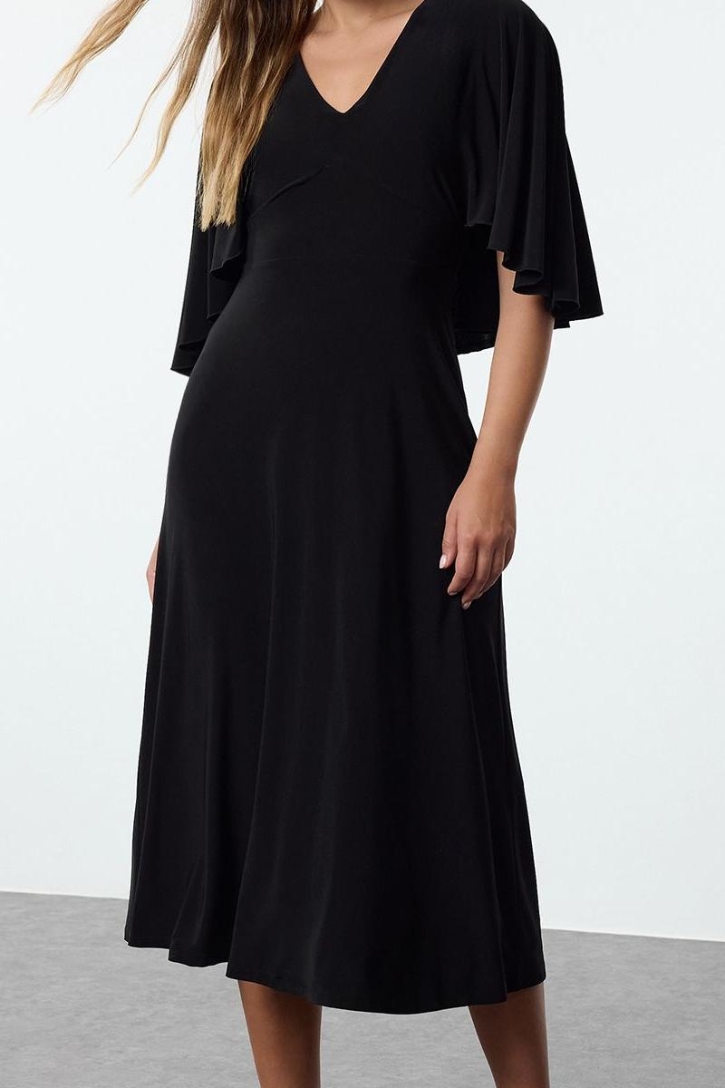 Moda Stil Regular V Yaka Maxi Boy Düz Düz Pelerinli Esnek Örme Elbise