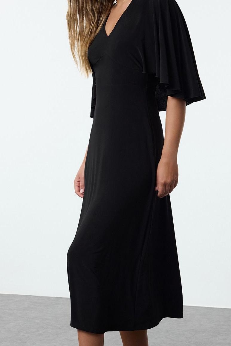 Moda Stil Regular V Yaka Maxi Boy Düz Düz Pelerinli Esnek Örme Elbise