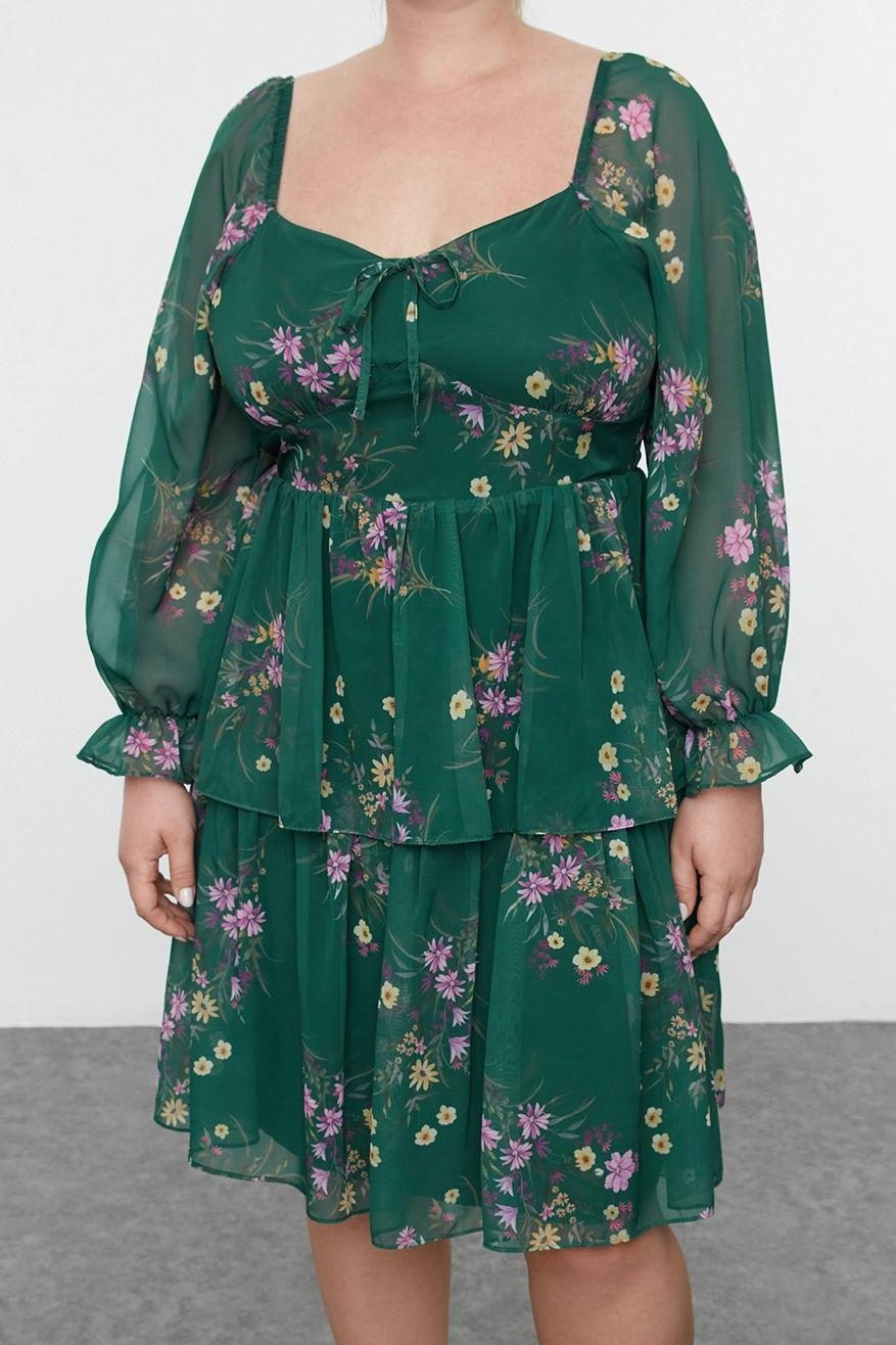 Moda Stil Relaxed Kare Yaka Mini Boy Büyük Beden Şifon Dokuma Büyük Beden Elbise