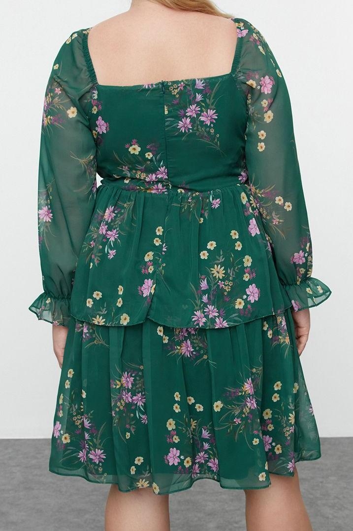 Moda Stil Relaxed Kare Yaka Mini Boy Büyük Beden Şifon Dokuma Büyük Beden Elbise