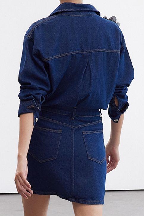 Moda Stil Regular Gömlek Yaka Regular Boy Limited Edition Gül Detaylı Denim Elbise