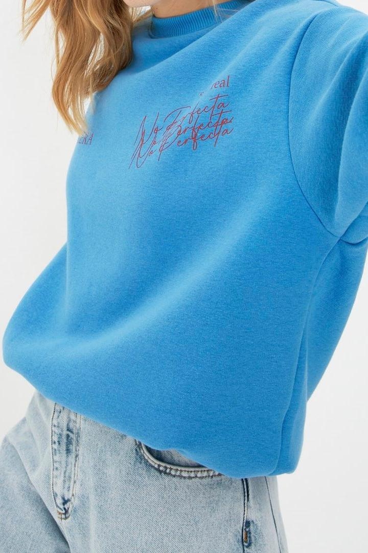 Regular Bisiklet Yaka Standart Kol Regular Basic Fit Baskılı Kalın İçi Polarlı Örme Sweatshirt