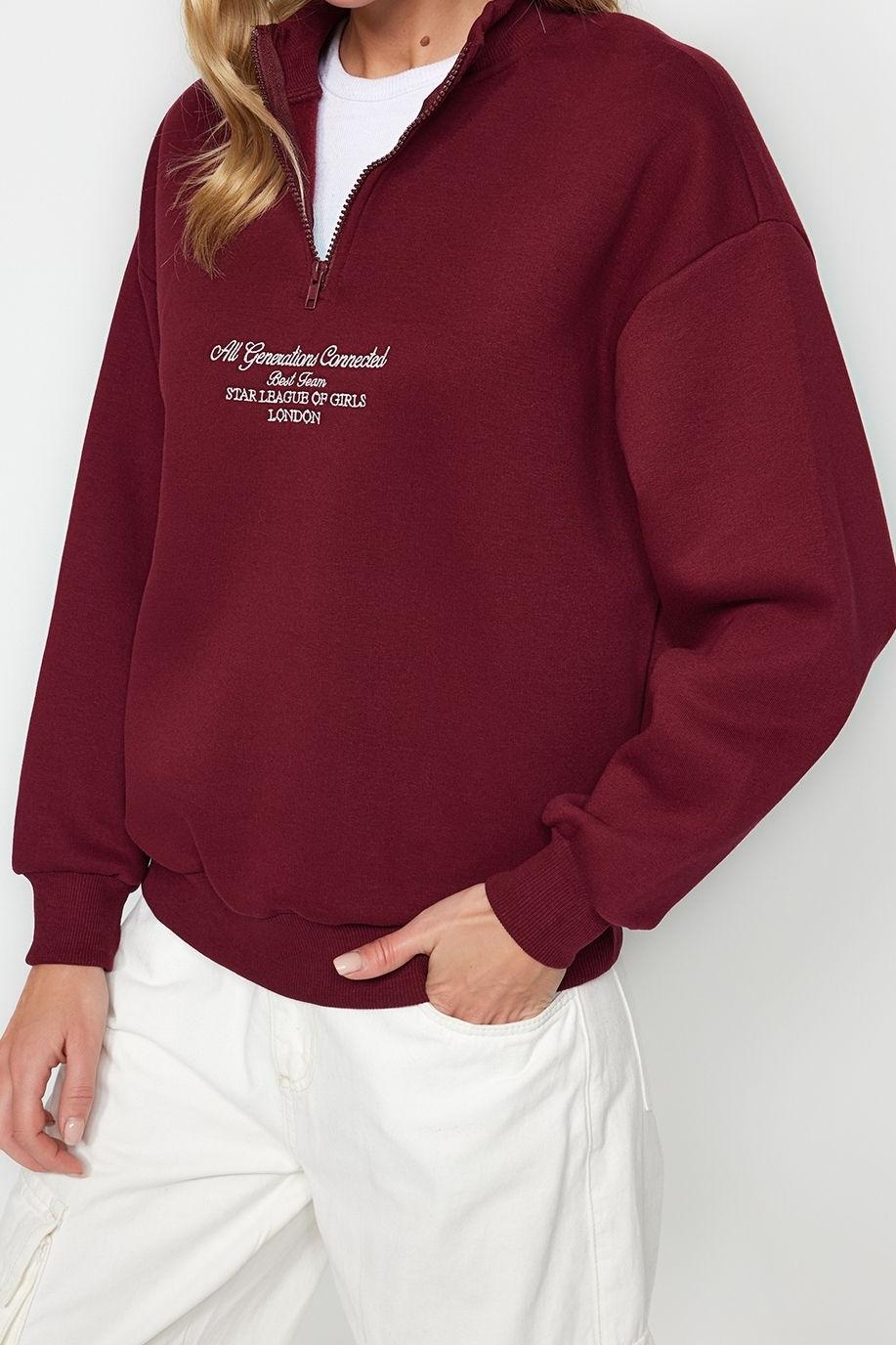 Tarz Bol Fermuarlı Yaka Düşük Kol Uzun Kalın İçi Polarlı Fermuarlı Geniş Kalıp Örme Sweatshirt