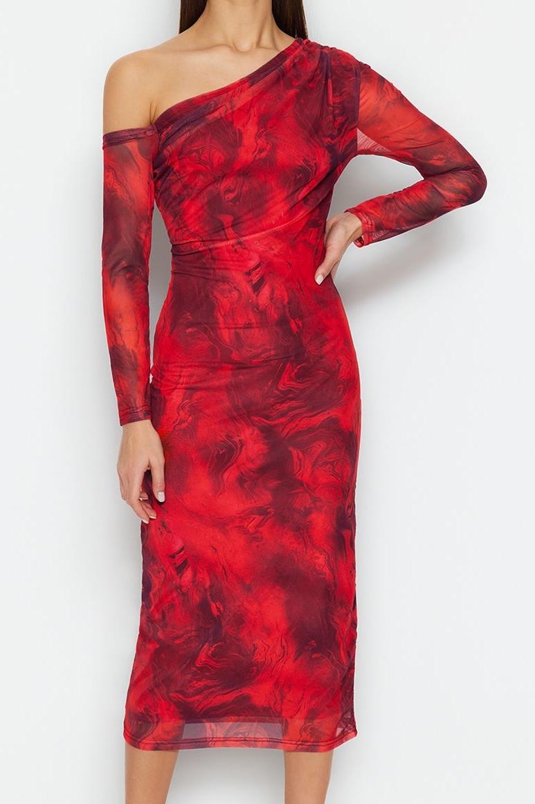 Moda Stil Slim Asimetrik Yaka Midi Boy Desenli Astarlı Vücuda Oturan Esnek Örme Kalem Elbise