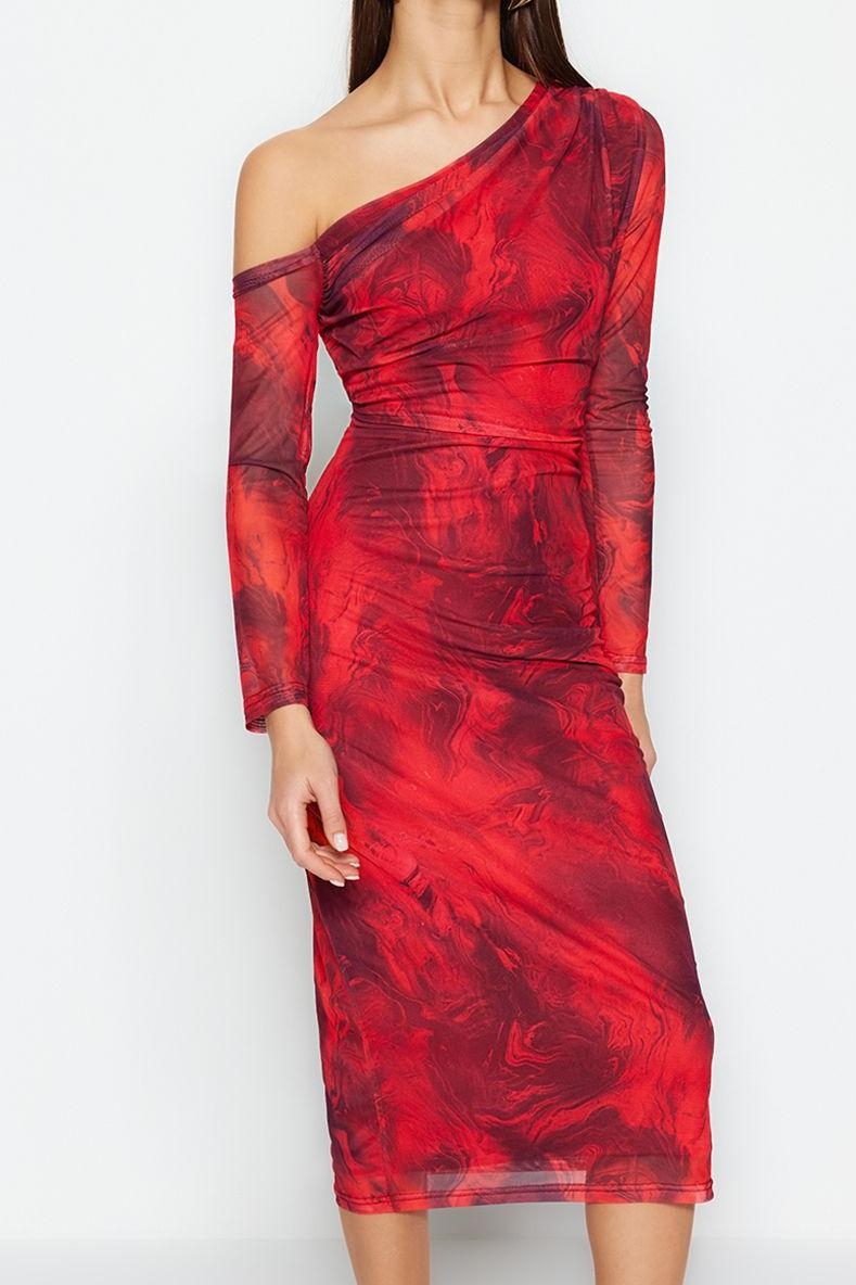 Moda Stil Slim Asimetrik Yaka Midi Boy Desenli Astarlı Vücuda Oturan Esnek Örme Kalem Elbise