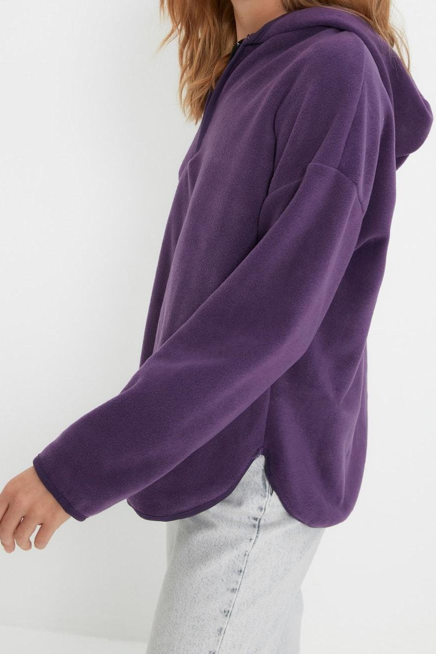 Tarz Bol Kapüşonlu Düşük Kol Uzun Kalın Polar ve Fermuarlı Geniş Kalıp Örme Sweatshirt