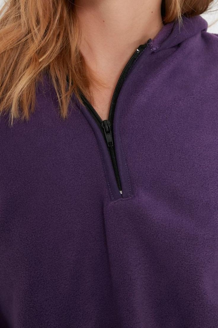Tarz Bol Kapüşonlu Düşük Kol Uzun Kalın Polar ve Fermuarlı Geniş Kalıp Örme Sweatshirt