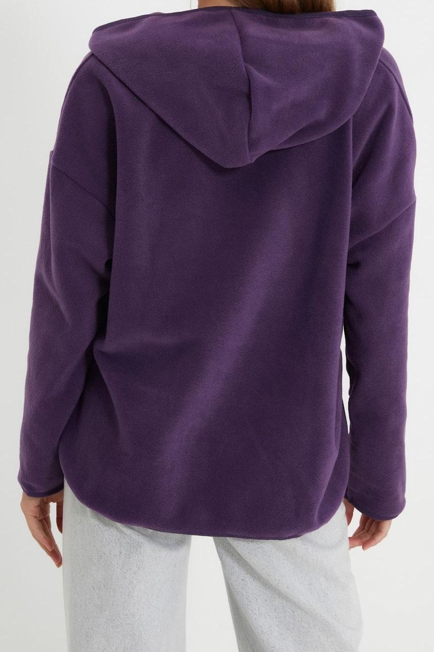 Tarz Bol Kapüşonlu Düşük Kol Uzun Kalın Polar ve Fermuarlı Geniş Kalıp Örme Sweatshirt
