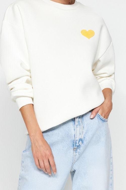 Oversize Bisiklet Yaka Düşük Kol Uzun Kalın Polarlı  Sırt Kabartma Baskılı Örme Sweatshirt