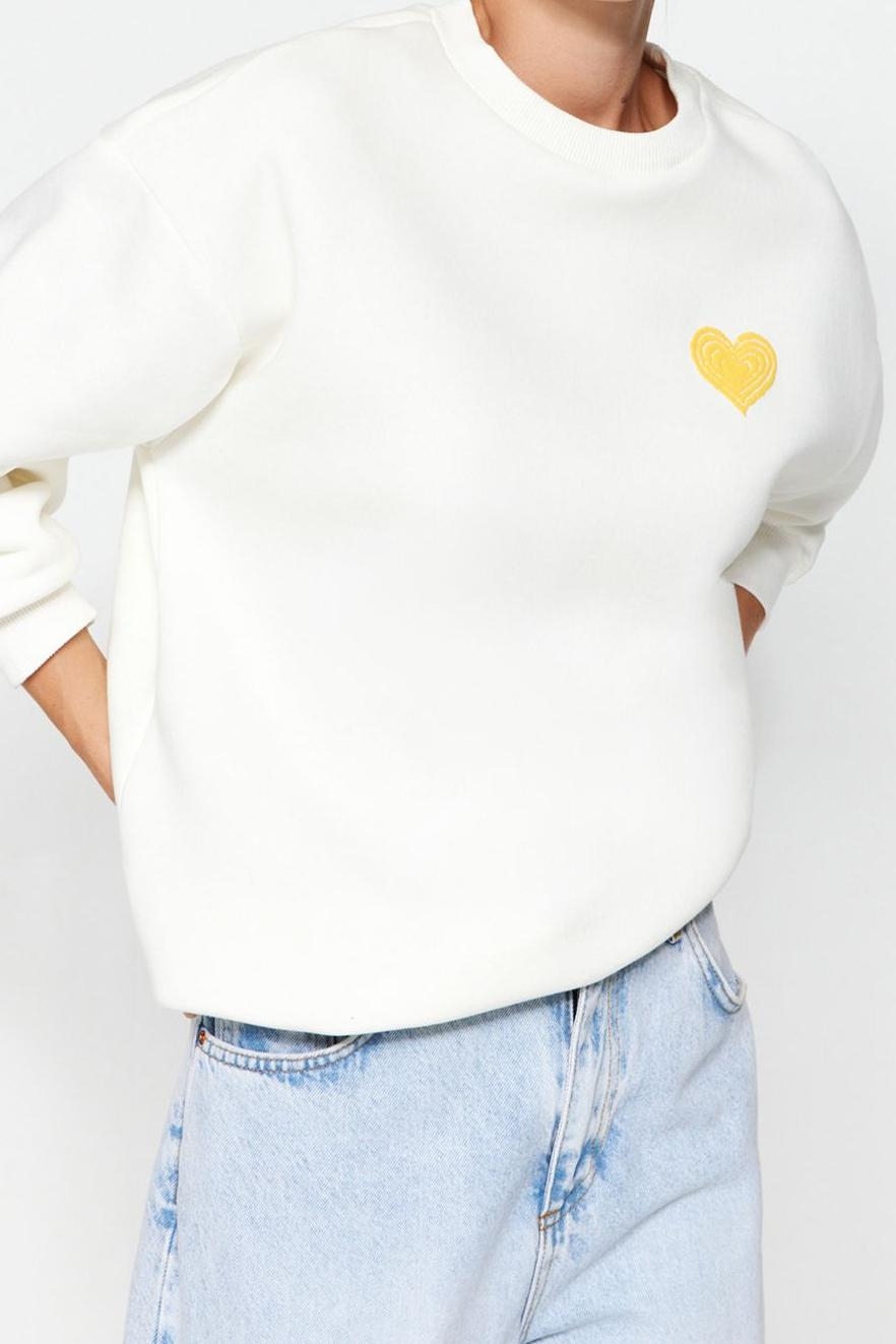 Oversize Bisiklet Yaka Düşük Kol Uzun Kalın Polarlı  Sırt Kabartma Baskılı Örme Sweatshirt