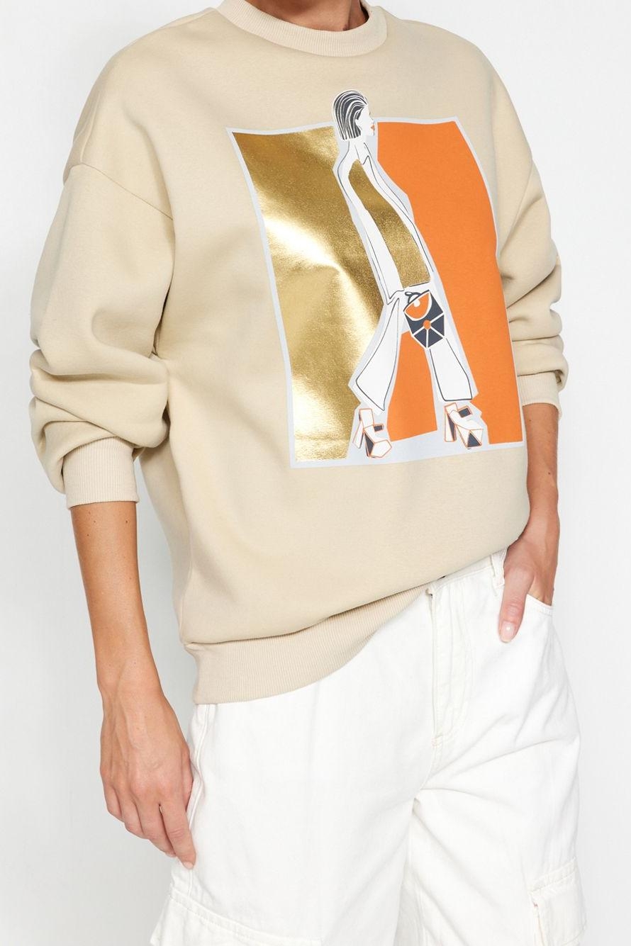 Tarz Oversize Bisiklet Yaka Düşük Kol Regular Varak Baskılı Kalın İçi Polarlı Örme Sweatshirt
