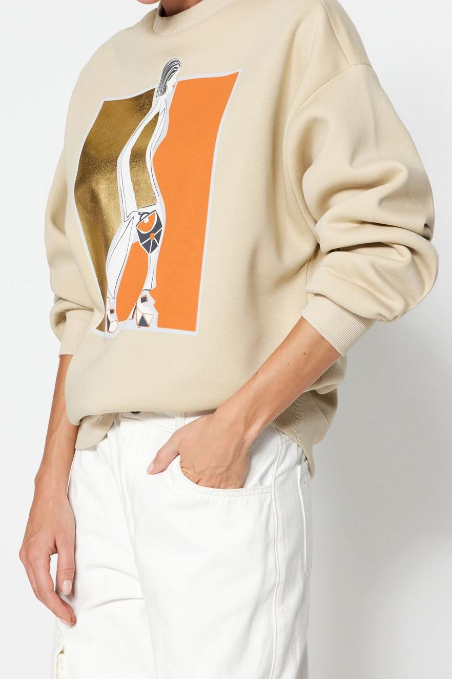 Tarz Oversize Bisiklet Yaka Düşük Kol Regular Varak Baskılı Kalın İçi Polarlı Örme Sweatshirt