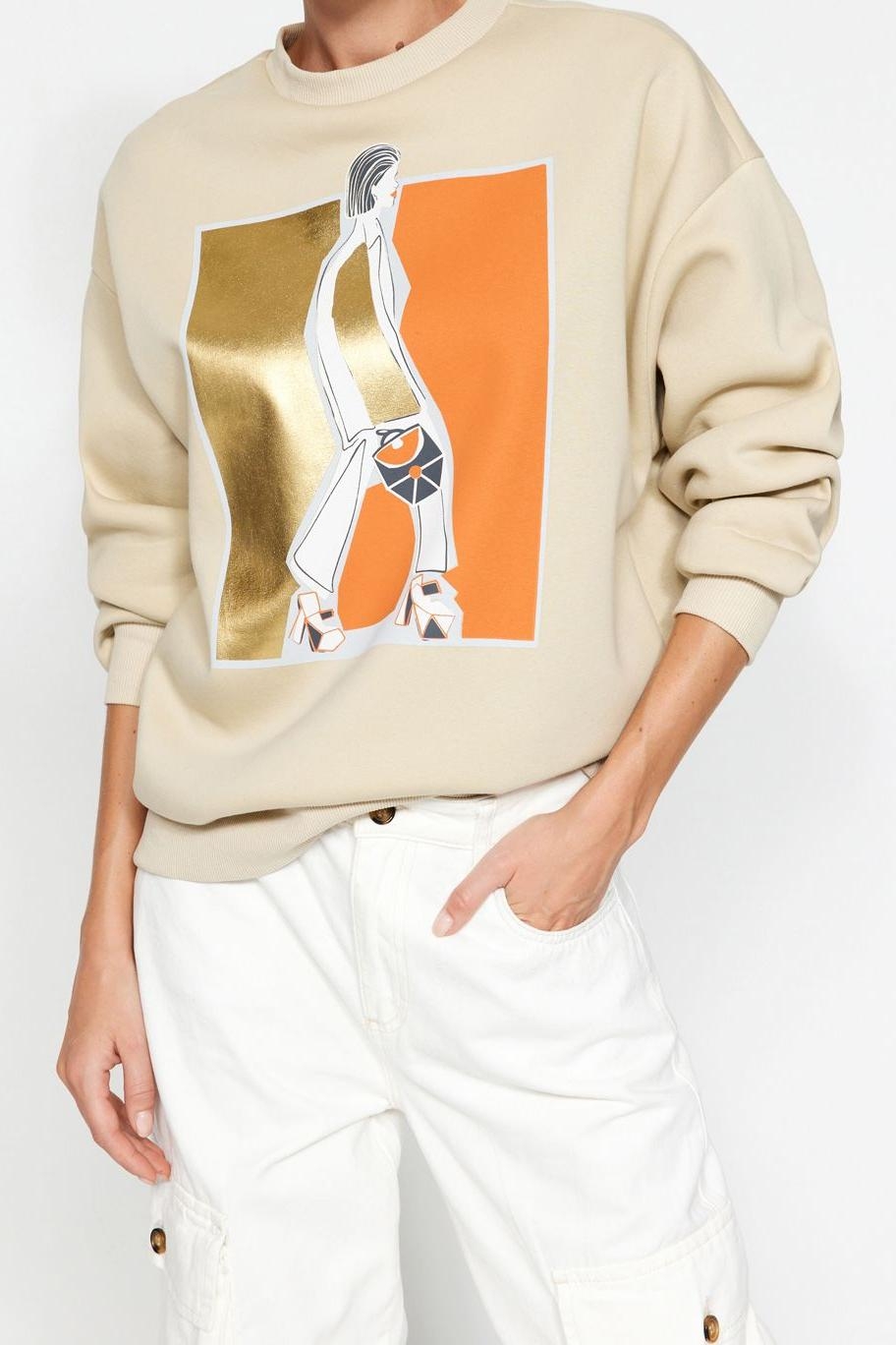 Tarz Oversize Bisiklet Yaka Düşük Kol Regular Varak Baskılı Kalın İçi Polarlı Örme Sweatshirt