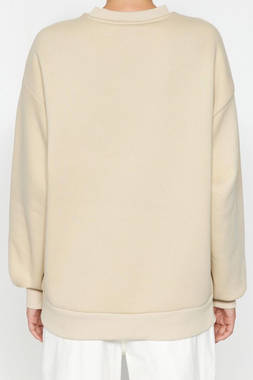 Tarz Oversize Bisiklet Yaka Düşük Kol Regular Varak Baskılı Kalın İçi Polarlı Örme Sweatshirt