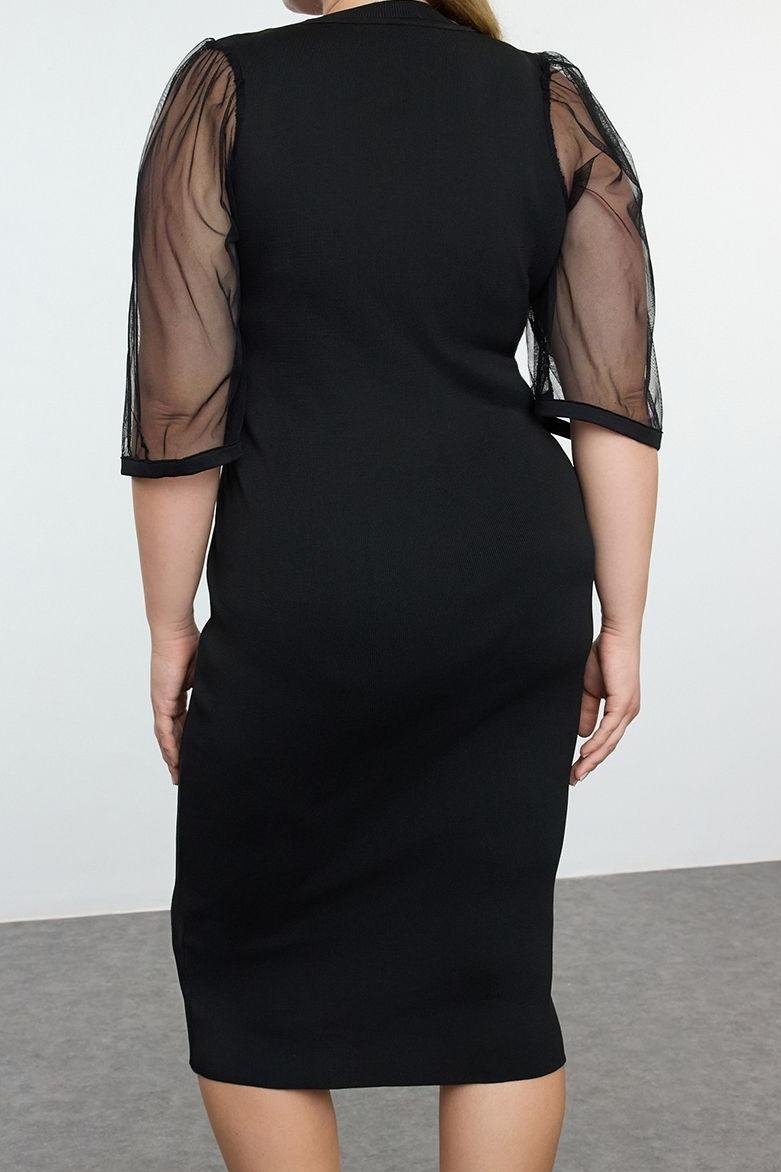 Moda Stil Fitted Bisiklet Yaka Midi Boy Büyük Beden Kolları Tül Triko Elbise