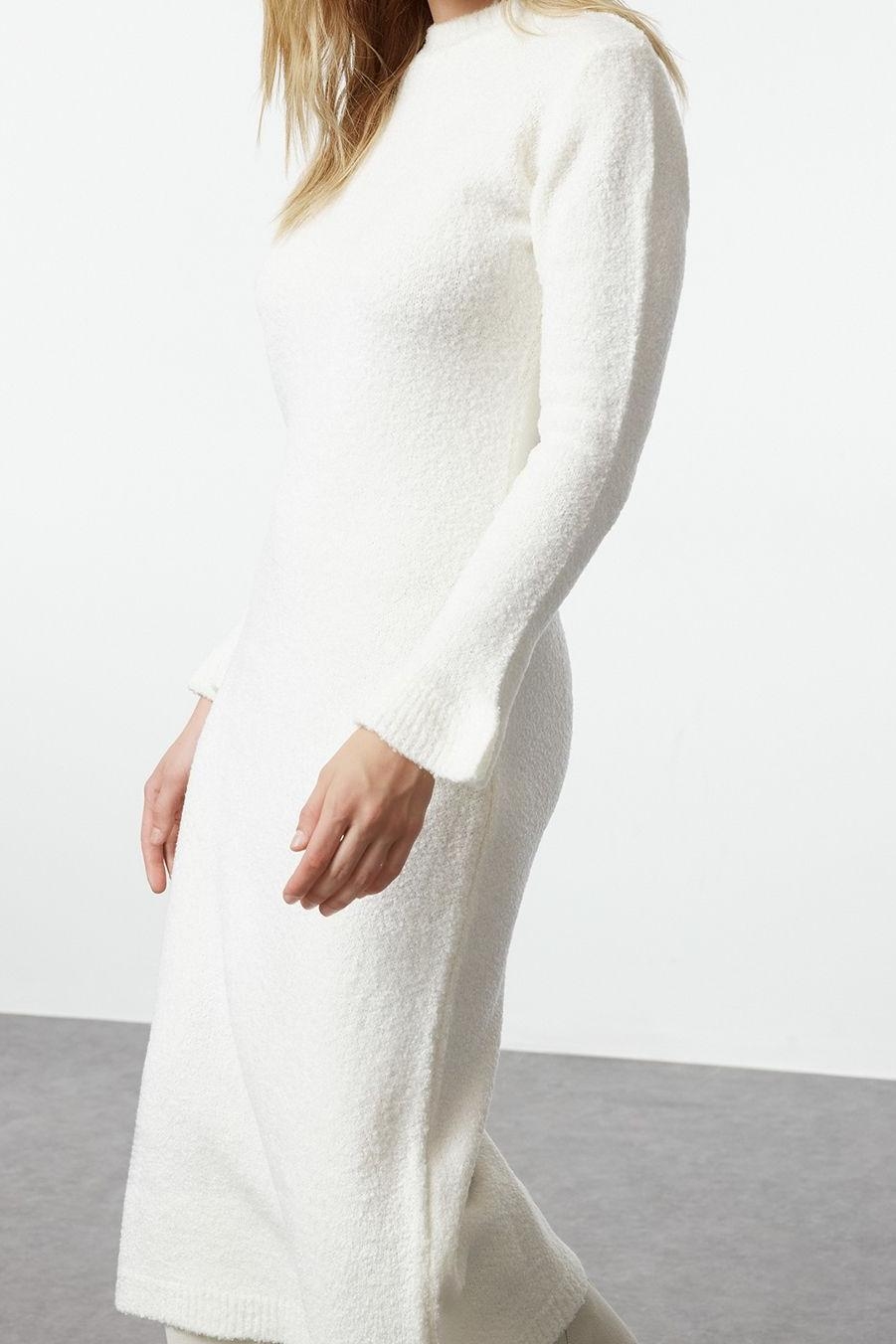Moda Stil Regular Bisiklet Yaka Midi Boy Triko Buklet Elbise
