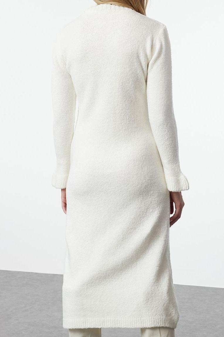 Moda Stil Regular Bisiklet Yaka Midi Boy Triko Buklet Elbise