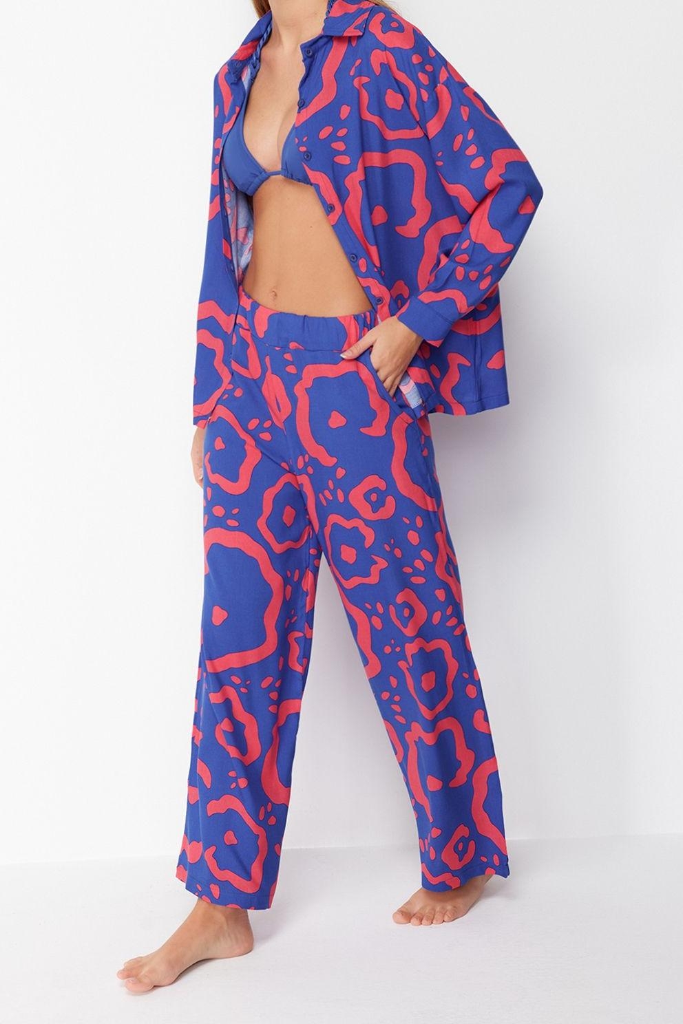 Tarz Kadın Modern Moda Normal Bel Boru Paça Gömlek Yaka Soyut Desenli Dokuma Gömlek Pantolon Takım