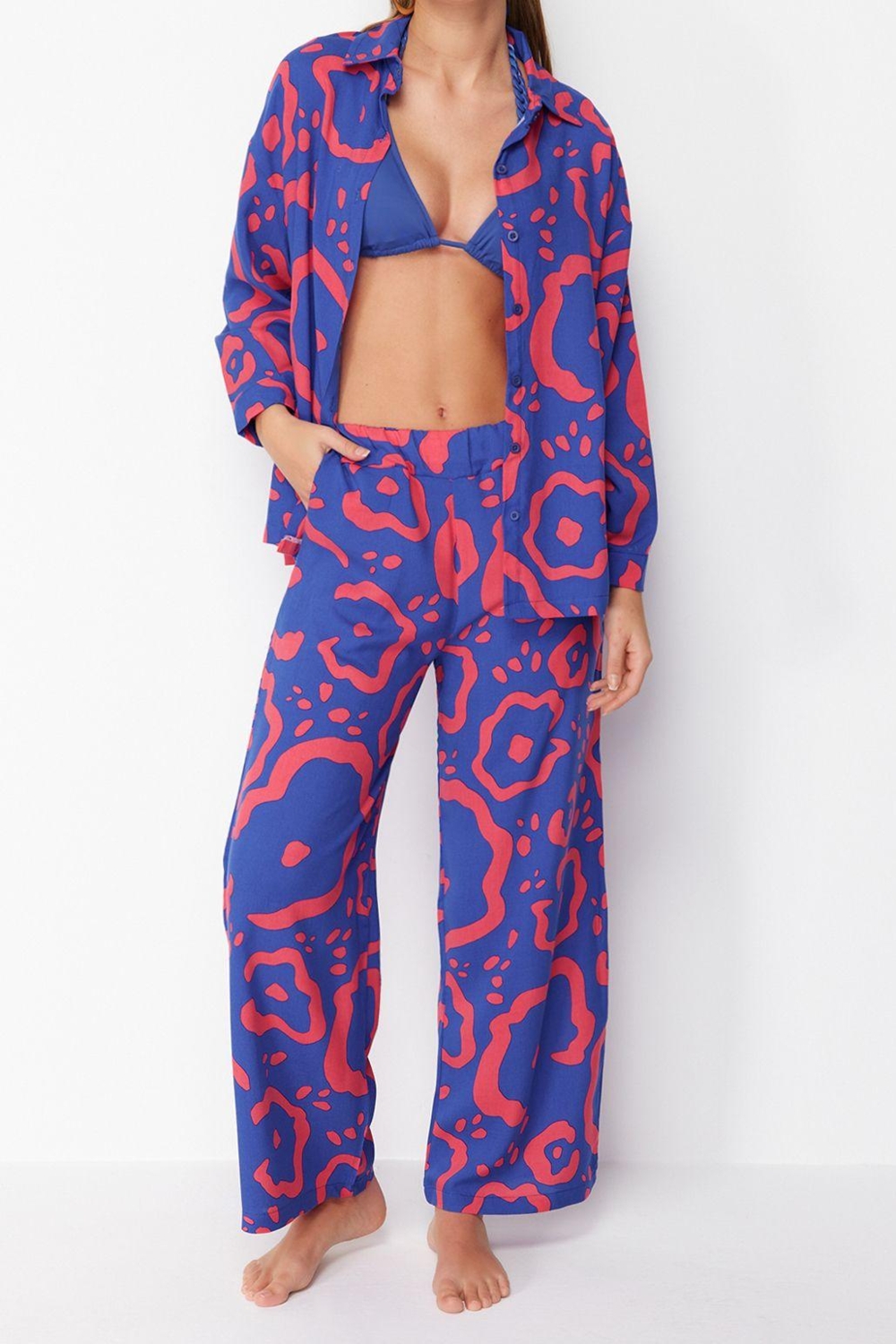 Tarz Kadın Modern Moda Normal Bel Boru Paça Gömlek Yaka Soyut Desenli Dokuma Gömlek Pantolon Takım