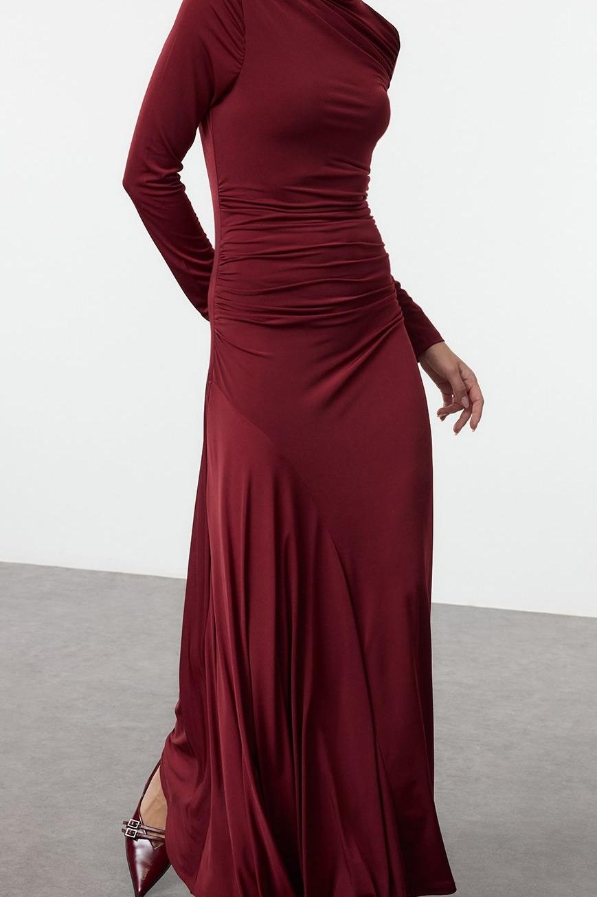 Kadın Lacivert Uzun Kollu Dik Yaka Bodycon Maxi Elbise Büzgülü Esnek Şık Modern Örme Tasarım