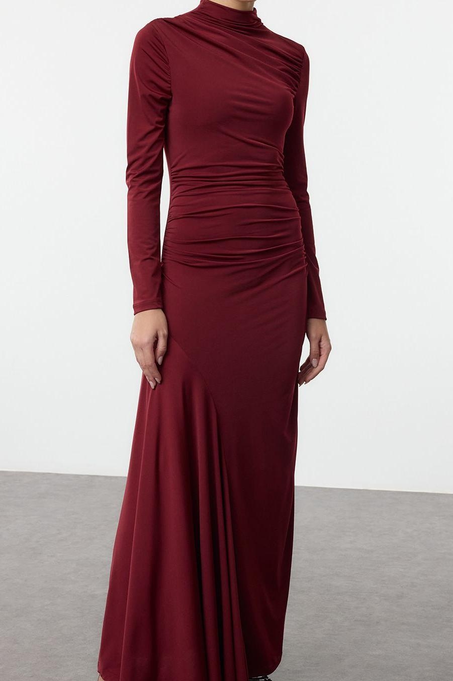 Kadın Lacivert Uzun Kollu Dik Yaka Bodycon Maxi Elbise Büzgülü Esnek Şık Modern Örme Tasarım