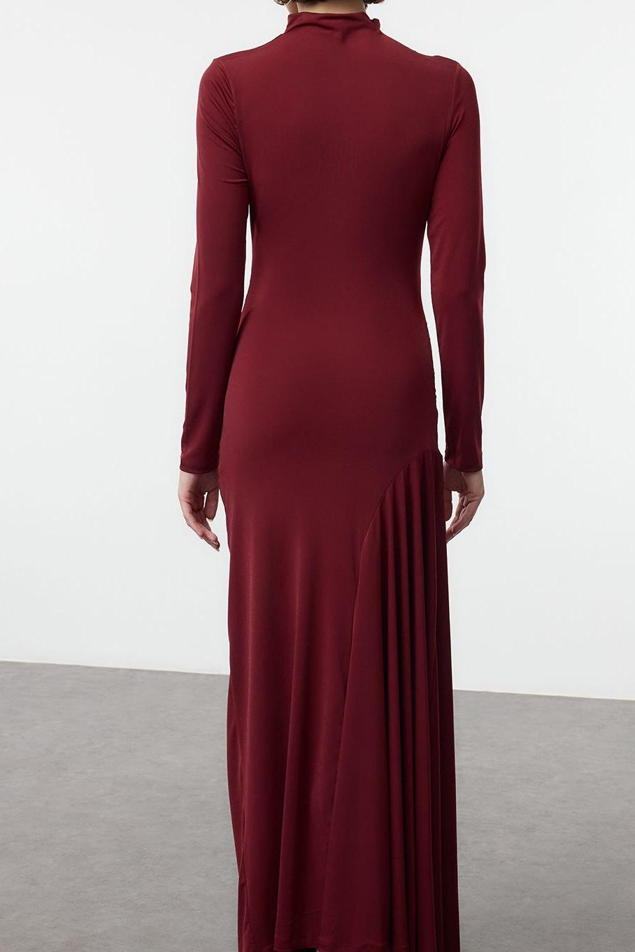 Kadın Lacivert Uzun Kollu Dik Yaka Bodycon Maxi Elbise Büzgülü Esnek Şık Modern Örme Tasarım