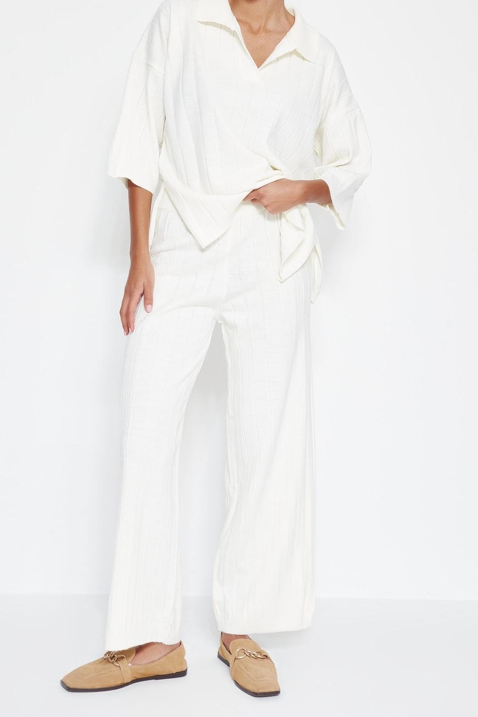 Tarz Kadın Modern Moda Normal Bel Boru Paça Polo Yaka Basic Fitilli Triko Alt-Üst Takım